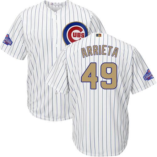 Cubs #49 Jake Arrieta White(Blue Strip) Gold Program Cool Base Stitched MLB Jersey - Click Image to Close
